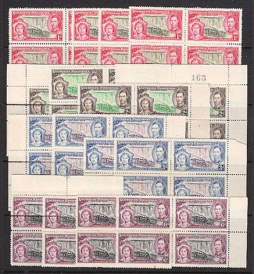 S RHODESIA 1937 CORONATION CLEARANCE LOT 4 SETS IN BLOCKS OF 4 VERY FINE MNH SACC 38-41