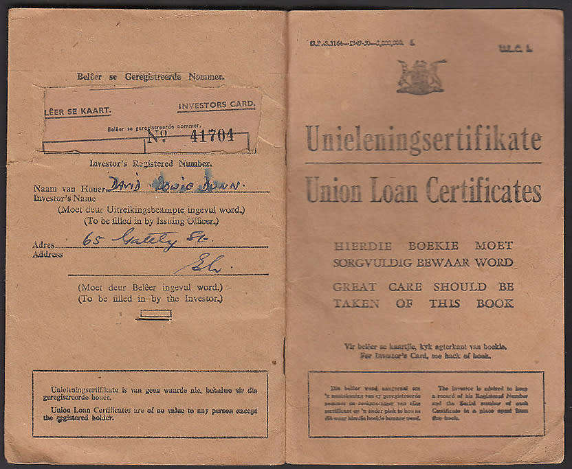 SOUTH AFRICA 1950 UNION LOAN CERTIFICATES BOOKLET COMPLETE WITH FOUR PAGES WITH CERTIFICATES. SCARCE