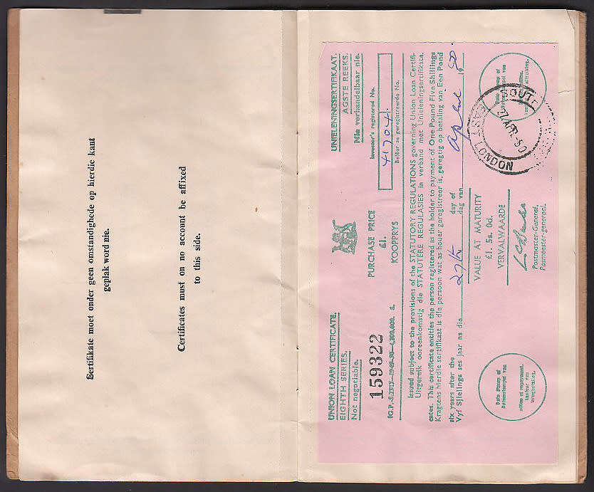 SOUTH AFRICA 1950 UNION LOAN CERTIFICATES BOOKLET COMPLETE WITH FOUR PAGES WITH CERTIFICATES. SCARCE