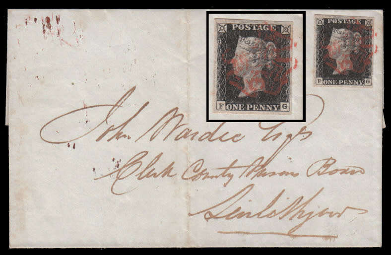 GREAT BRITAIN 1840 1d BLACK PLATE 4, F-G WITH RED MX AND GOOD/LARGE MARGINS ON WRAPPER EX EDINBURG