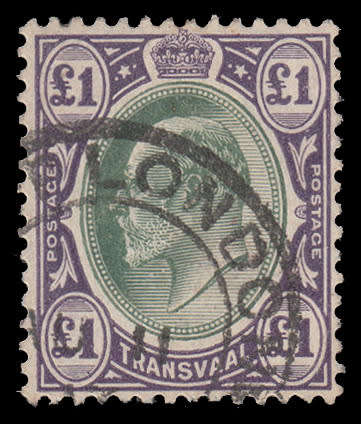 TRANSVAAL 1904-09 KEVII MULT CROWN CA £1 GREEN AND VIOLET VERY FINE USED. SACC 278 R1300+