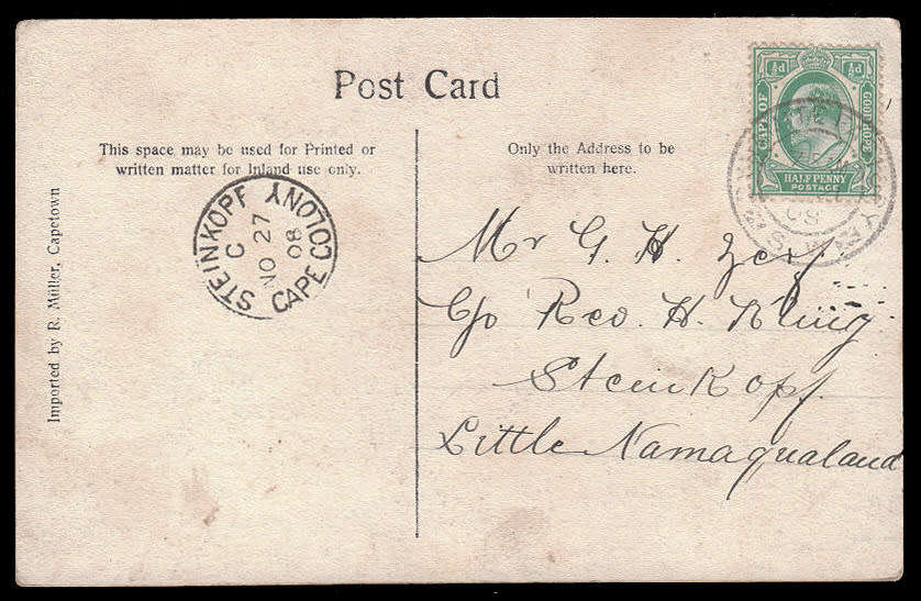 CAPE OF GOOD HOPE 1908 FINE `STEINKOPF CAPE COLONY` SINGLE CIRCLE POSTMARK ON POSTCARD