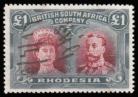 RHODESIA 1910 DOUBLE HEADS £1 PERF 15 FINE FISCALLY USED WITH PEN CANCEL. SACC 179 R35000 FOR POSTAL