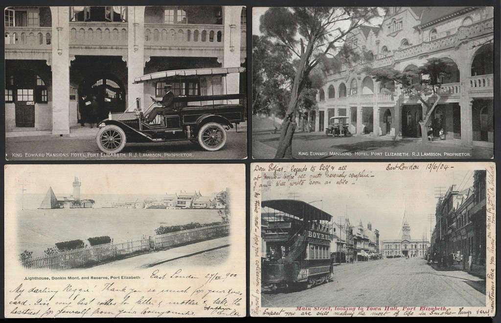 CGH PORT ELIZABETH EARLY 1900'S FOUR DIFFERENT POSTCARDS INCL KING EDWARD HOTEL WITH CAR USED/UNUSED