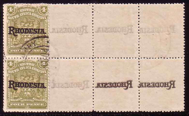 Rhodesia 1909 Overprints 4d used block of 10 with offset, very scarce.