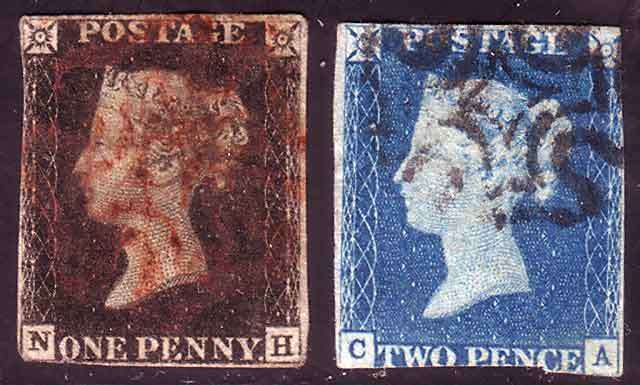 Great Britain Penny Black and Two Penny Blue used.