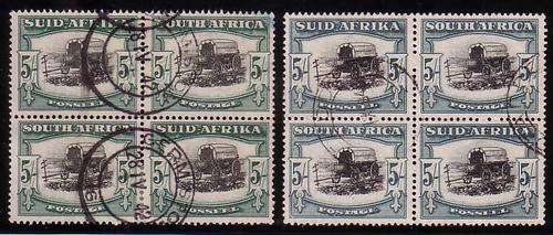 1933-48 Hyphenated Pictorials 5/- the 2 shades SACC 62 & 62a in used blocks of 4. Cat R1400