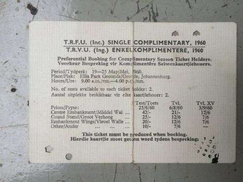 1960 Transvaal Rugby Football Union Rugby Season Ticket