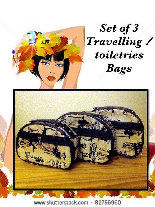 SET OF 3 - toiletries travel bags - lady design with brown trim