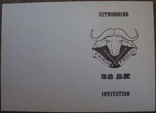 32 Battalion Invitation card with cap badge letterhead (SADF 32 Bn - Buffalo Battalion)