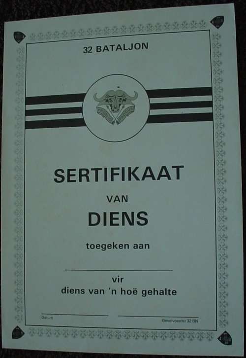 32 Battalion Certificate of Service/Sertifikaat van Diens, original (SADF 32 Bn - Buffalo Battalion)