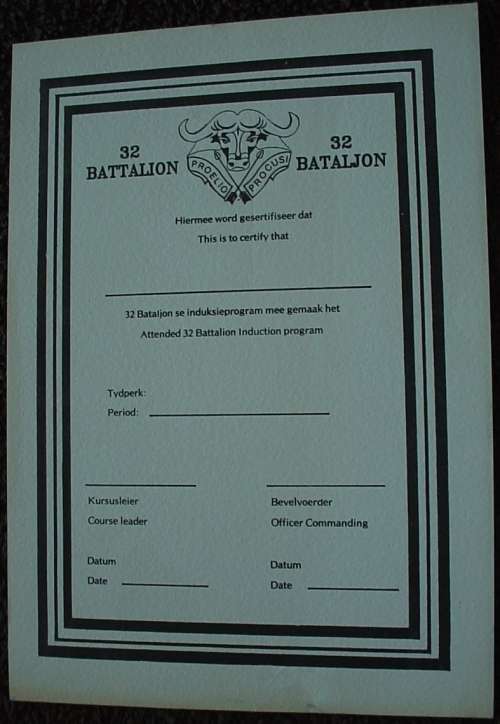 32 Battalion Certificate of attending Induction program, original (SADF 32 Bn - Buffalo Battalion)