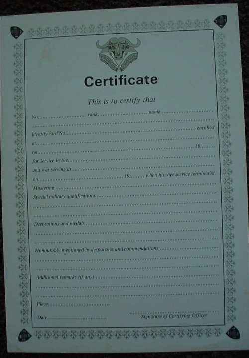 32 Battalion Certificate of Service-Sertifikaat van Diens, original (SADF 32 Bn - Buffalo Battalion)