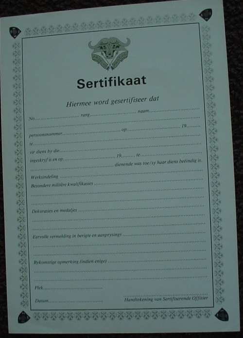 32 Battalion Certificate of Service-Sertifikaat van Diens, original (SADF 32 Bn - Buffalo Battalion)