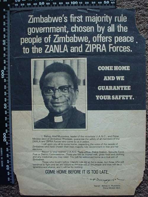 Zimbabwe - Rhodesia leaflet, Abel Muzorewa for ZANLA and ZIPRA Terrorist/Freedom Fighter forces