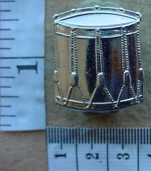 South African Army Band Drummer badge, chromed metal, all pins intact (SADF Musician)