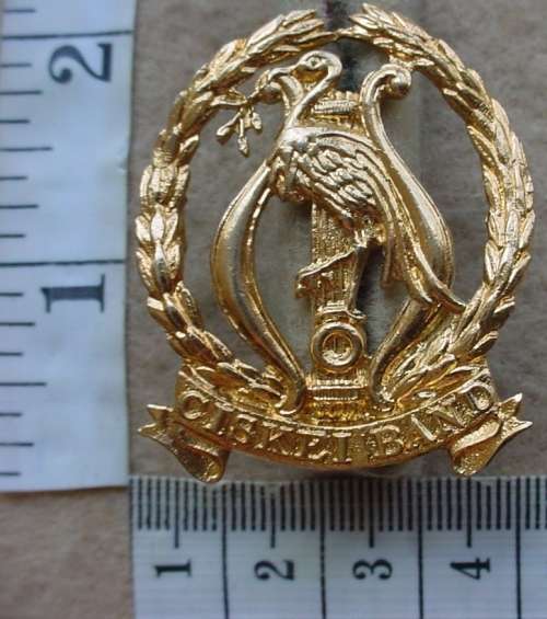 Ciskei Army Band cap badge, gilt metal, both bolts intact (Homelands)