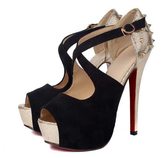 Ladies Black Pumps with Gold Heel and Stud Detail