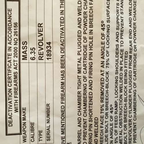 Deactivated Double Action Model 1900 Fitchburg Mass USA Revolver with Deactivation Certificate