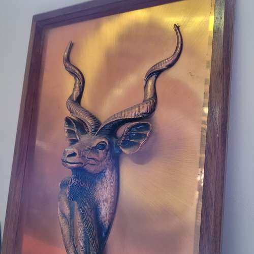 Large Koedoe Head Copper Art Work in Wood Frame