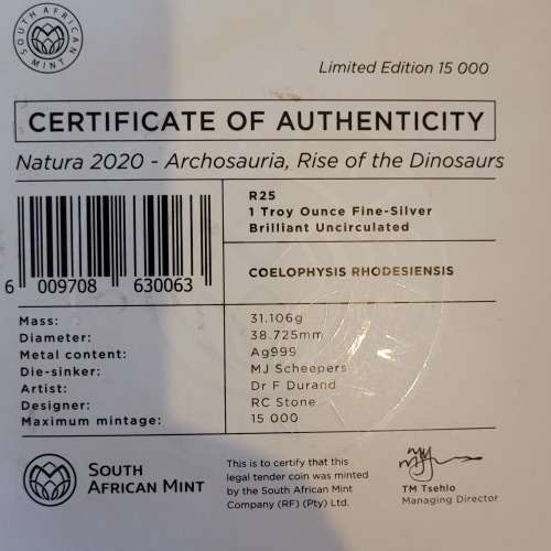 25 Rand One Ounce Fine Silver Coin | Natura 2020 - Archosauria, Rise of the Dinosaurs | Uncirculated
