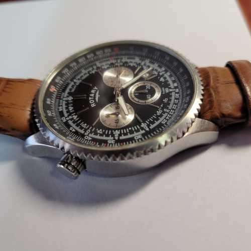 Rotary Men`s Quartz Chronograph Watch with Black Dial and Brown Leather Strap GS00100/04