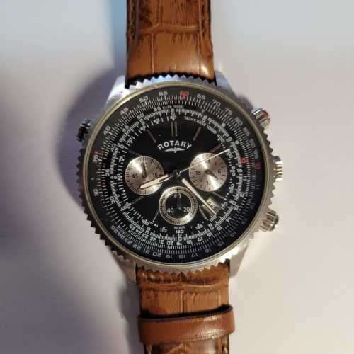 Rotary Men`s Quartz Chronograph Watch with Black Dial and Brown Leather Strap GS00100/04