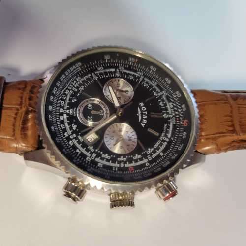Rotary Men`s Quartz Chronograph Watch with Black Dial and Brown Leather Strap GS00100/04