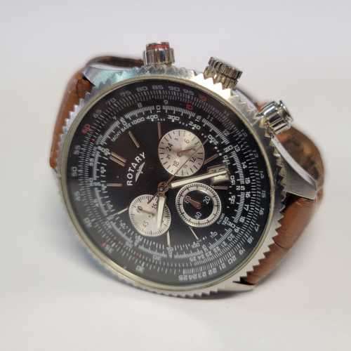 Rotary Men`s Quartz Chronograph Watch with Black Dial and Brown Leather Strap GS00100/04
