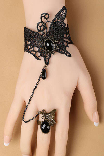 Black Gothic Lace Bracelet with Ring - Handmade
