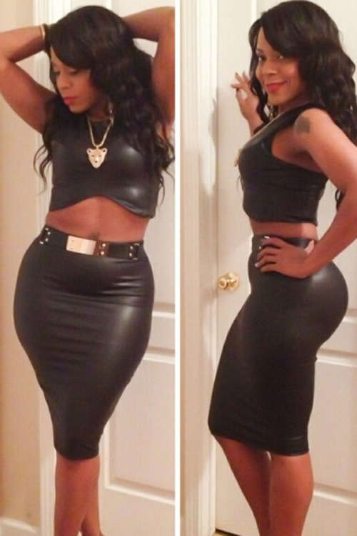 Black Leather Skirt Set with Gold Belt Details