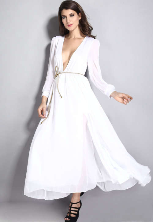 Pure White Layered Sheer Ruffling Jersey Maxi Dress