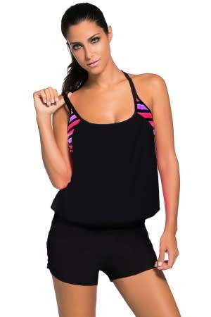 Striped Print Insert Padded Black Tankini Top
