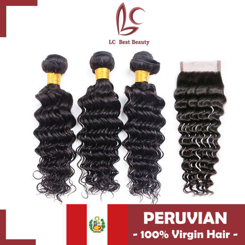 Weave with a Closure, 300g Peruvian Deep Wave Hair with a Closure