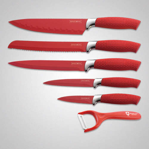 Royalty Line Non-Stick Coating Knife Set 6-Piece with Stand - Red