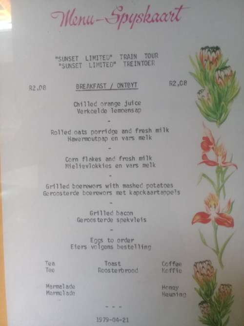SAR Dining Car Menu