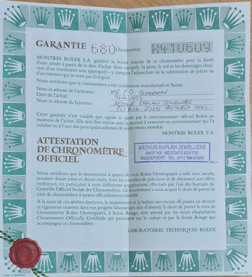Rolex watch with certificate