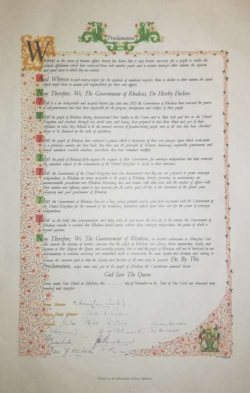 Rhodesian Declaration of Independence Copy of Original with Associated Articles