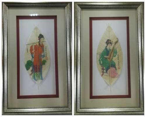 Vintage Chinese Leaf Painting Art. Framed behind glass. Each measures 43cm x 28cm with Frame