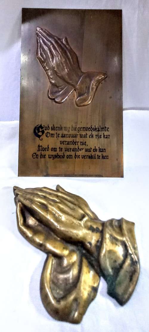 Copper Plaque with Repoussé Hands in Afrikaans and 3 Dimensional Praying Hands in Solid Brass