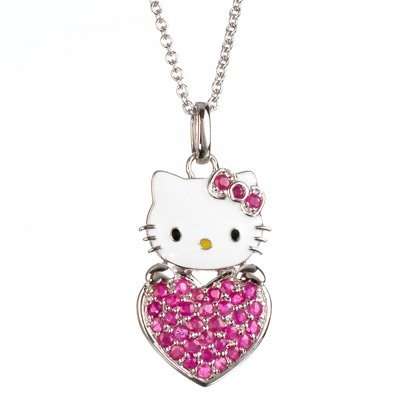 HELLO KITTY LOOKING OVER A HEART PENDANT NECKLACE WITH A-GRADE PINK RHINESTONES & WHITE ENAMEL