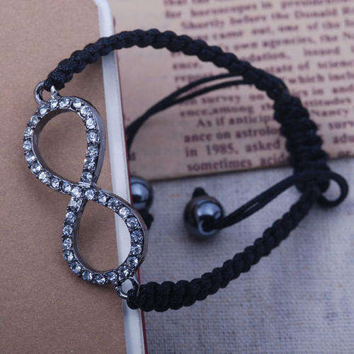 CRYSTAL RHINESTONES INFINITY SIDEWAYS CONNECTOR BLACK STRING BRACELET