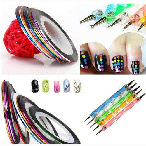 5 X 2 WAY MARBLEIZING & DOTTING PENS +10 COLOR ROLLS NAIL ART STRIPING TAPE