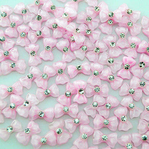 10 X 3D CLEAR BOW KNOT WITH RHINESTONE NAIL ART DECORATION ACRYLIC - PINK