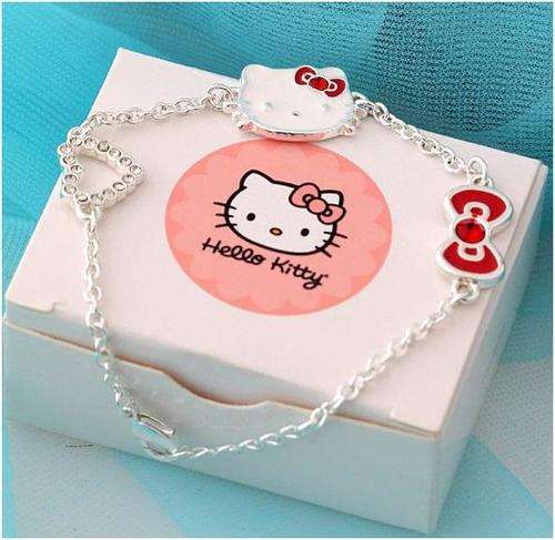 SANRIO HELLO KITTY ,BOW, HEART SILVER COLOR BRACELET WITH ENAMEL & A-GRADE CLEAR RHINESTONES
