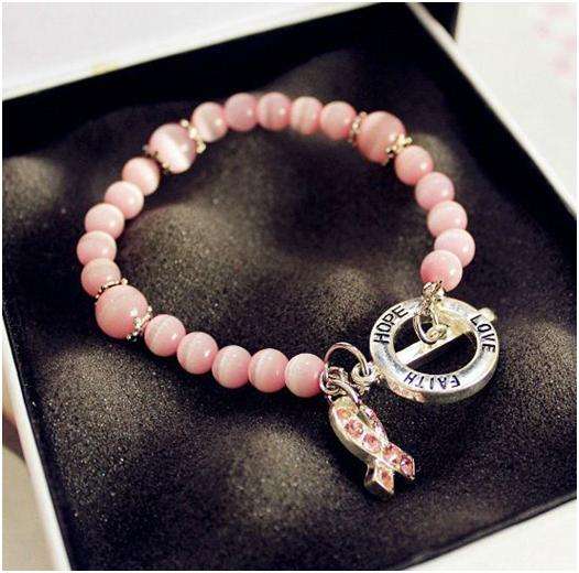 PINK OPAL CATS EYE LOVE, FAITH & HOPE WOMAN'S BREAST CANCER AWARENESS BRACELET