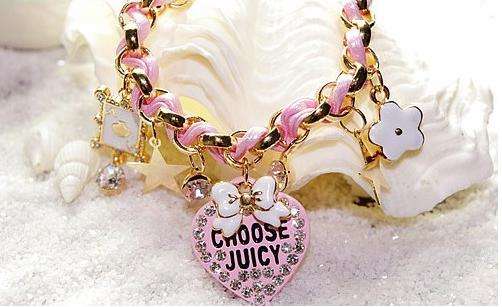 LOVE , POKER & BOW PINK LEATHER CORD CHARM BRACELET