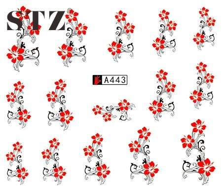 WATER TRANSFER NAIL ART DECAL - RED FLOWERS TWIRLS & SWIRLS