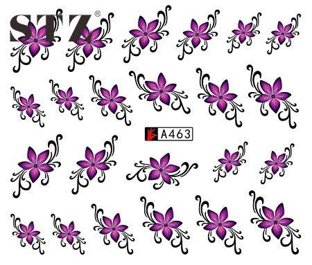 WATER TRANSFER NAIL ART DECAL - PURPLE FLOWERS TWIRLS & SWIRLS