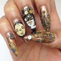 RETRO STEAM PUNK NAIL ART REAL GEARS